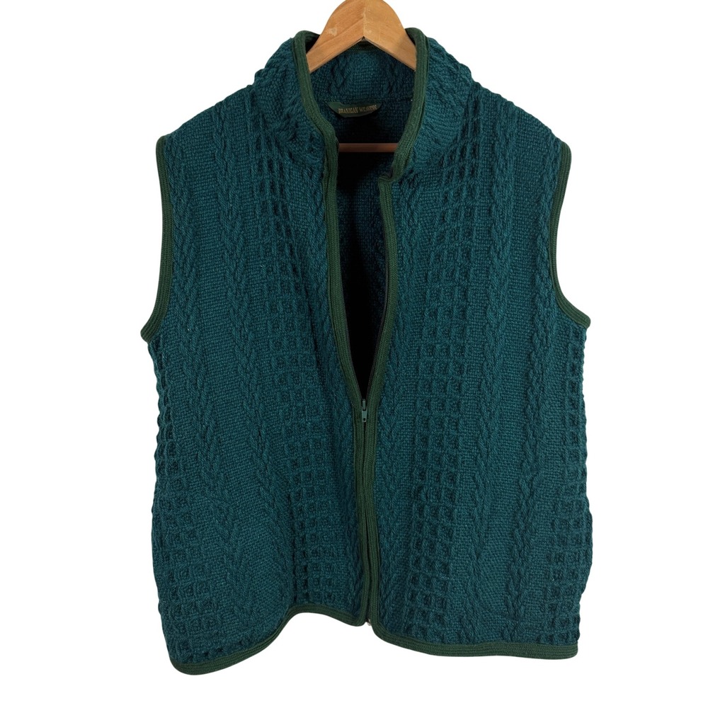 Branigan Weavers Wool Zip Vest Womens L Green Irish Cable Knit Sleeveless